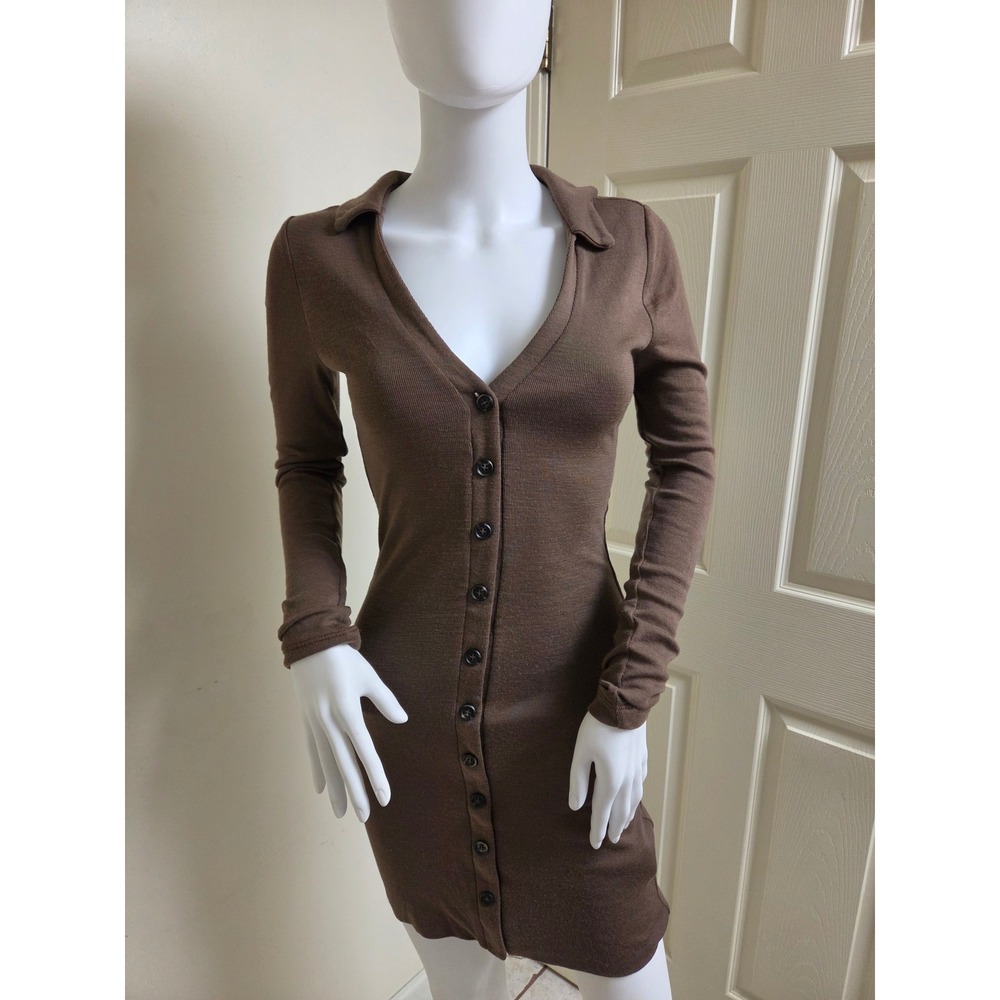 kookai 100% wool Brown Ribbed Long Sleeve Button Down Mini Dress with Collar xs